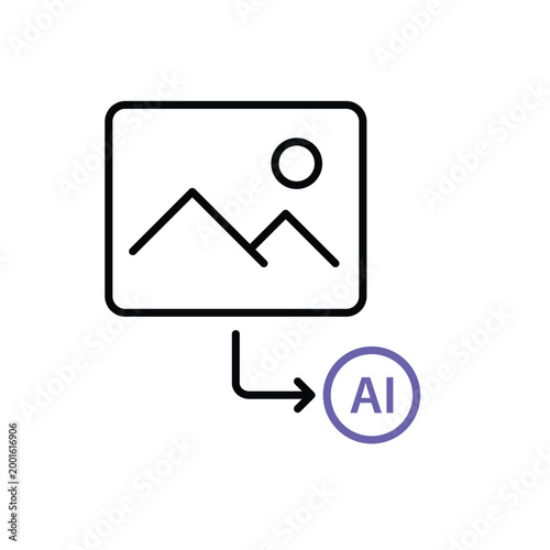 Image Input icon. Image frame and arrow go to AI node. Work flow, automation, Engine. Outline design style.