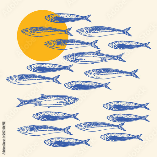 Blue Sardines with Sunset Minimal Marine Illustration