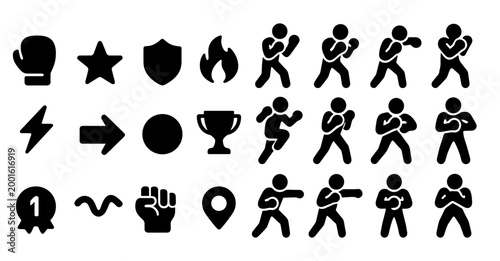 Boxing and sport icons arranged on white background