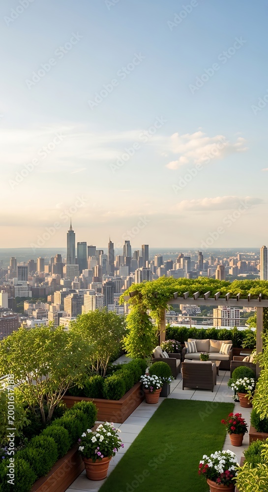 Fototapeta premium Luxury rooftop garden terrace with panoramic city skyline view at sunset, urban oasis with comfortable seating and lush greenery