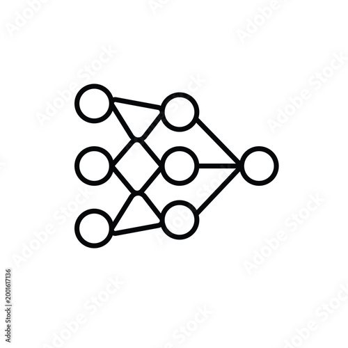 Neural Network icon. Several nodes connected by lines. Work flow, automation, Engine. Outline design style.