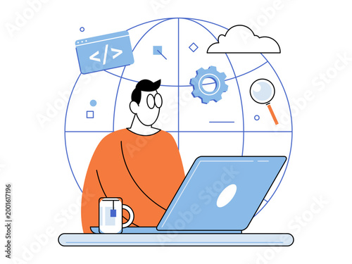 Man works on laptop with global symbols vector illustration. Web development, freelance coding, remote office, software engineering, digital transformation, global connectivity. User with computer