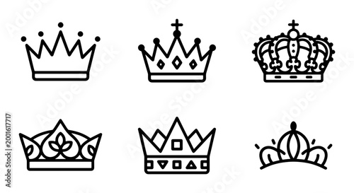 Photos Royal crown icon set with 6 black line vector elements, minimalist king and quee