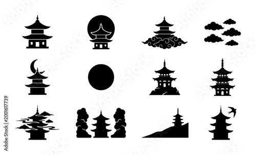 Japanese Pagoda Silhouette Icons, Traditional Asian Temple Vector Set, Oriental Architecture Symbols with Moon and Clouds, 12 Black Minimalist Graphic Elements