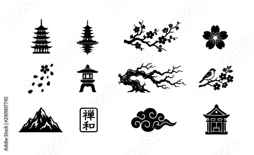 Japanese cultural icons set, black silhouette oriental symbols, traditional zen pagoda and cherry blossom vector, 12 minimalist asian design elements