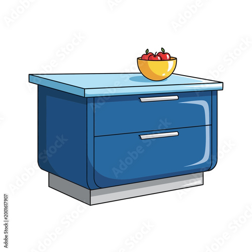 Blue bedside table with yellow bowl of red apples