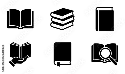 Bild auf Leinwand Minimalist book icon set, black solid education symbols, 6 vector elements for l