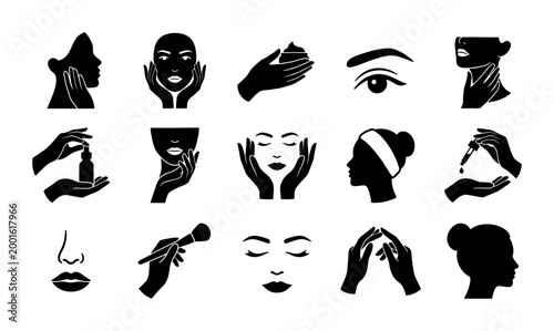 Skincare and beauty icons set, 15 black silhouette facial treatment symbols, cosmetic application and dermatology vector illustrations for spa branding