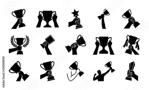 Black trophy silhouette icons set, hands holding winner cups and awards, 15 vector elements for sports achievement and competition success