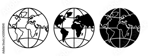 Minimalist world globe icon set, black and white earth map vector illustrations, global planet symbols for travel and logistics business branding