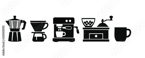 Black Coffee Maker Icons Set - Minimalist Brewing Equipment Elements
