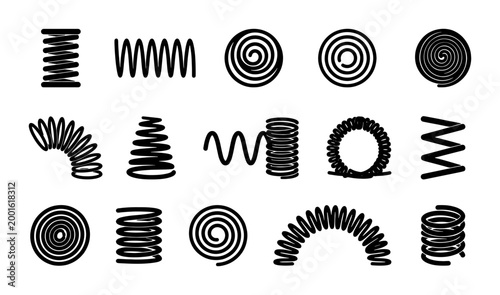 Cuadro en lienzo Black metal spring icons set, industrial coil and spiral wire vector elements, 1