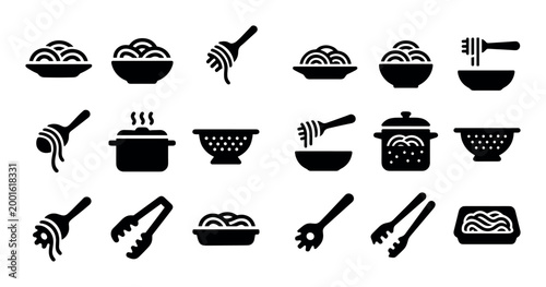 Pasta utensils and bowl icons depicting cooking actions