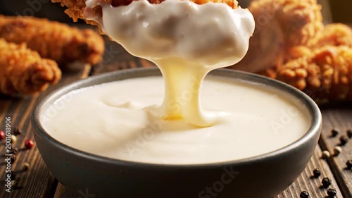 Crispy chicken wing dipped in creamy sauce on wooden table  