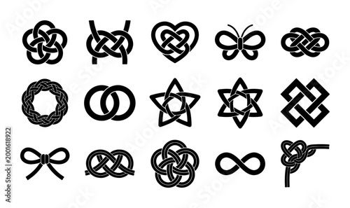 Fotografie Celtic knot icons set, 15 black decorative rope symbols, ornamental infinity loo