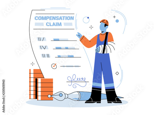 Injured worker with broken arm next to claim vector illustration. Workplace injury, insurance policy, legal help, medical benefits, money claim, safety. Employee with fracture near document