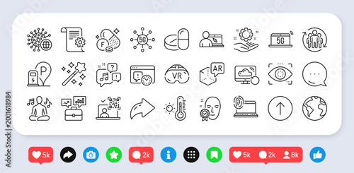 Teamwork, Swipe up and Project deadline line icons pack. Social media: share, comment, like icons. 5g notebook, Online education, Qr code web icon. Vector