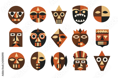 African Tribal Mask Collection with Geometric Flat Design Style