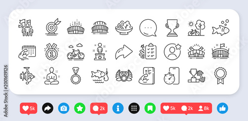 Timer app, Laureate medal and Fitness calendar line icons pack. Social media: share, comment, like icons. Award cup, Fitness, Yoga web icon. Bicycle, Arena, Medal pictogram. Vector