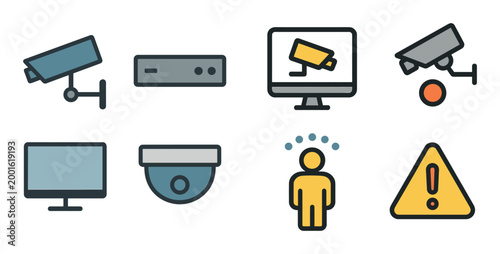 Security cameras and monitoring icons for surveillance