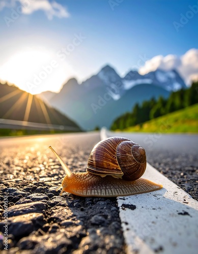 Snail on asphalt road with mountain backdrop, sunset in the distance