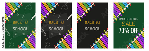 Set Back to School vertical Poster cover. Vector Back to School background with blackboard doodle element pencil frame and chalk message. Perfect for Education poster and Sale flyer EPS 10