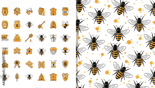 
Honey bee icon set with seamless pattern featuring honeycomb, beehive, jar, flower and beekeeper elements on dark background