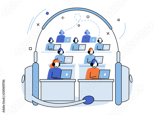 Call center agents working on laptops inside a headset vector illustration. Customer service, technical support, telemarketing, remote assistance, help desk, communication. Support staff using