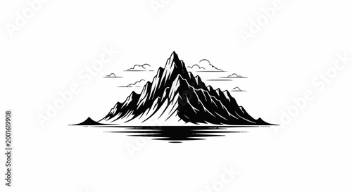 Black and white illustration of a jagged mountain peak reflecting on water