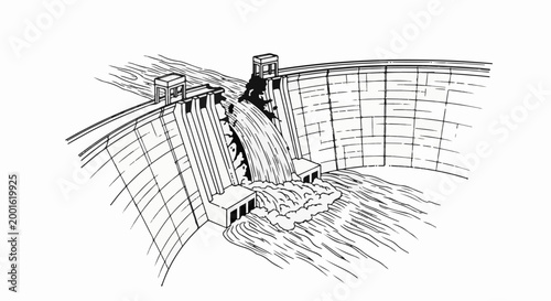 Black and white illustration of a large concrete dam with water cascading down
