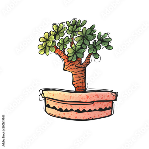 Watercolor Style Vector Jade Money Tree Succulent in Pink Round Ceramic Pot Hand Drawn