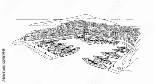 Black and white illustration of a Mediterranean village harbor with many yachts docked