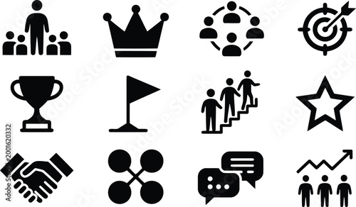 Black glyph icons set leadership success teamwork and achievement