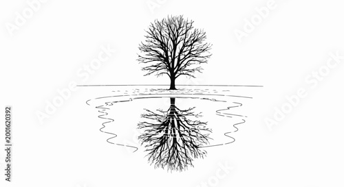 Bare tree and its reflection on the water