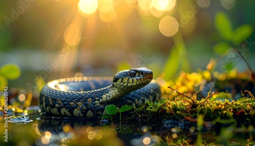 Snake resting in shallow water bathed in golden sunlight