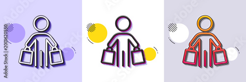 Buyer with shopping bags line icon. Halftone dotted pattern. Gradient icon with grain shadow. Customer sign. Supermarket client symbol. Line buyer icon. Various designs. Vector