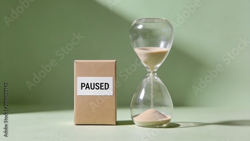 Sand timer next to a cardboard box labeled paused symbolizes a moment of temporary suspension or interruption in the flow of time