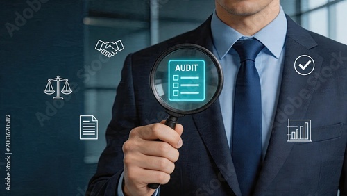 Businessman holding magnifying glass looking at audit report checklist inspecting financial statements verifying compliance documents legal scales checkmark icon graph chart