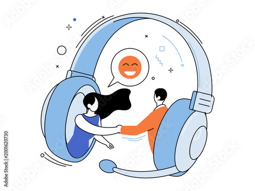 People shaking hands inside a headset vector illustration. Customer support, remote work, online agreement, satisfaction, telemarketing, partnership. Man and woman greeting within headphones