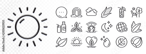 Mint leaves, World weather and Hazelnut line icons for web app. Glare of light effect. Message icon. Pack of Moon, Deckchair, Rainbow pictogram icons. Vector