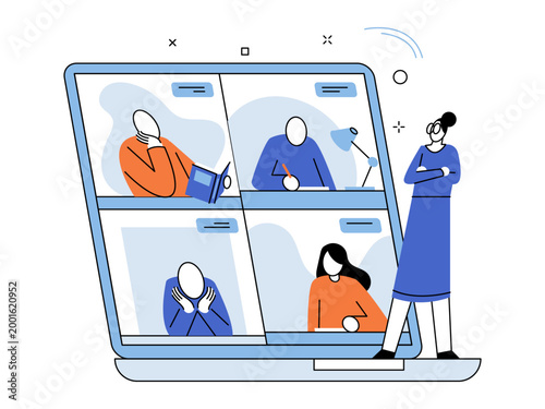 Woman standing by a laptop showing a video call vector illustration. Remote work, online education, virtual meeting, collaboration, distance learning, webinar. Person watching a group call.