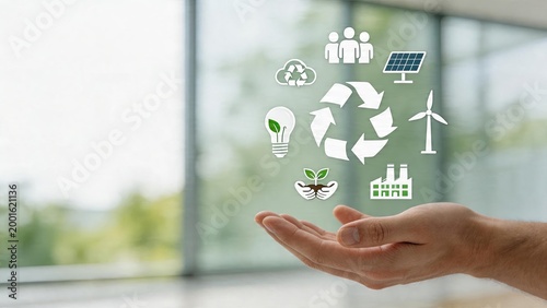 Business man holding recycling concept ecology sign renewable energy environmental protection solar power wind turbine cloud computing light bulb with leaf people group hand