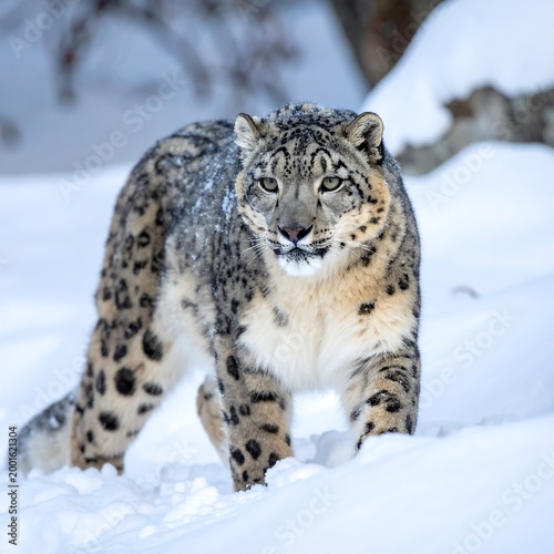 Snow leopard walks purposefully through deep snow in a winter scene