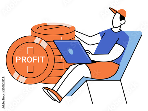 Man using laptop in lounge chair near profit coins vector illustration. Passive income, remote work, online trading, investment, wealth, success. Freelancer with computer on deckchair beside currency