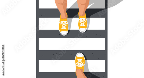 Three yellow sneakers on feet traverse across dark grey pedestrian crossing road markings depicted from a high-angle perspective against a stark white background environment.