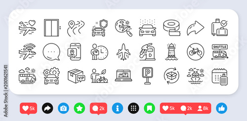 Car service, Delivery man and Adhesive tape line icons pack. Social media: share, comment, like icons. Lighthouse, Plane, Baggage calendar web icon. Return parcel, Lift, Ship travel pictogram. Vector