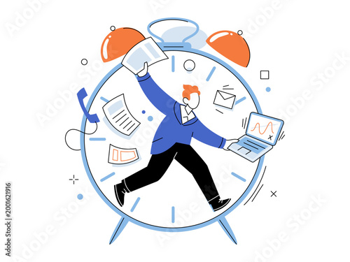 Stressed employee running inside a giant alarm clock vector illustration. Time management, deadlines, productivity, burnout, stress, multitasking. Busy corporate manager rushing in an old timepiece