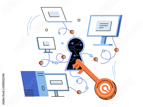 Key entering a circuit keyhole near computer monitors vector illustration. Cybersecurity, data protection, network safety, digital access, privacy, cloud storage. Orange key near digital screens