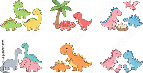 A charming collection of cute cartoon dinosaur characters in various scenes featuring mother and baby dinosaurs, prehistoric plants, eggs, and family groups isolated on white.