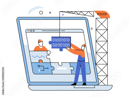 Engineers assemble binary code puzzle pieces on a laptop screen vector illustration. Web development, software engineering, digital construction, coding, architecture, tech. Programmers building site
